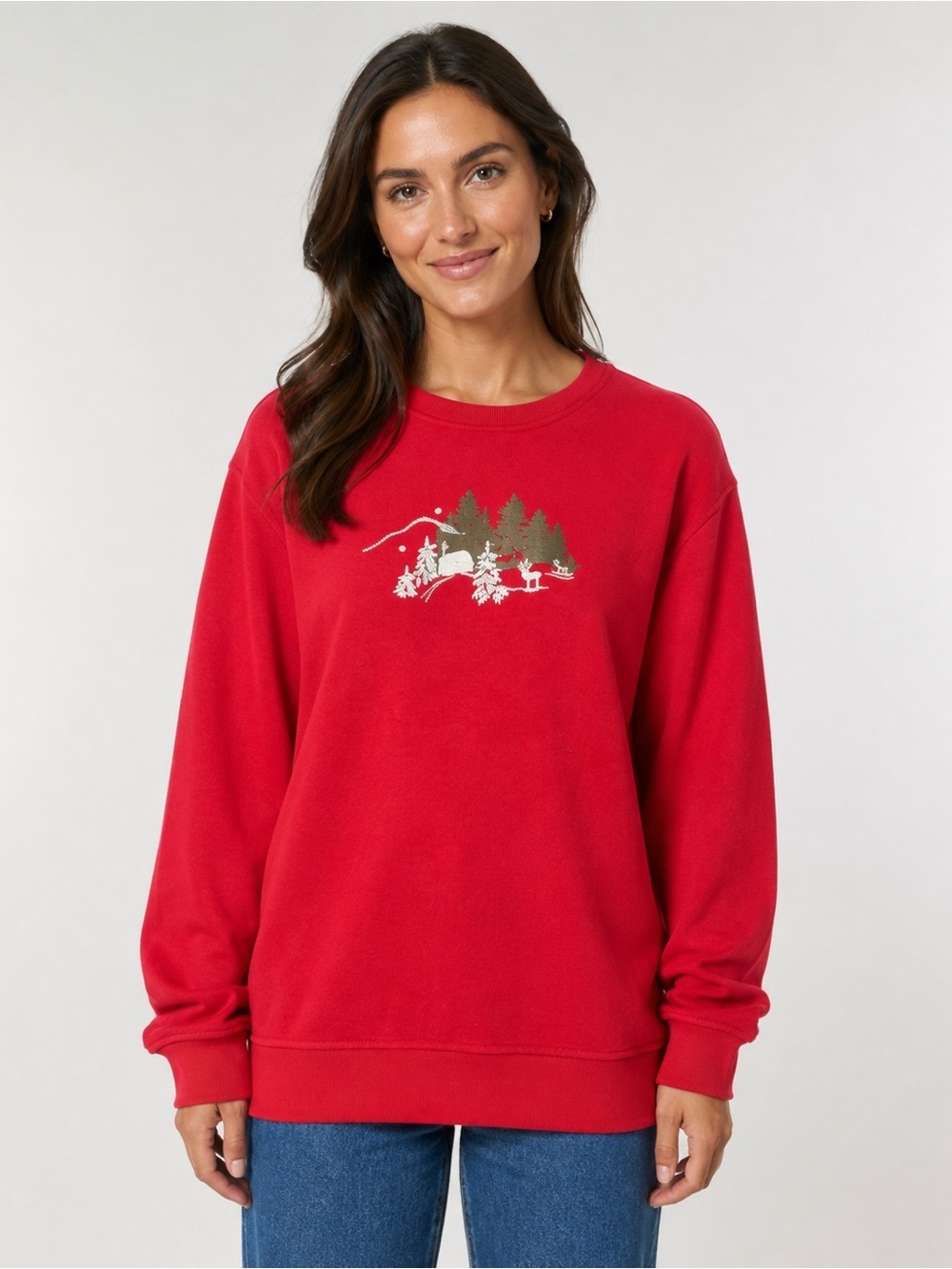 Vintage Northern Reflections Red Crewneck Sweater with Forest Embroidery